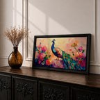 Panoramic painting of a peacock standing among blooming peony flowers with layered petals in pink, coral, and red tones. The bird displays vibrant blue and green plumage with eye patterned tail feathers while soft light and expressive brushstrokes create a lush botanical garden composition.