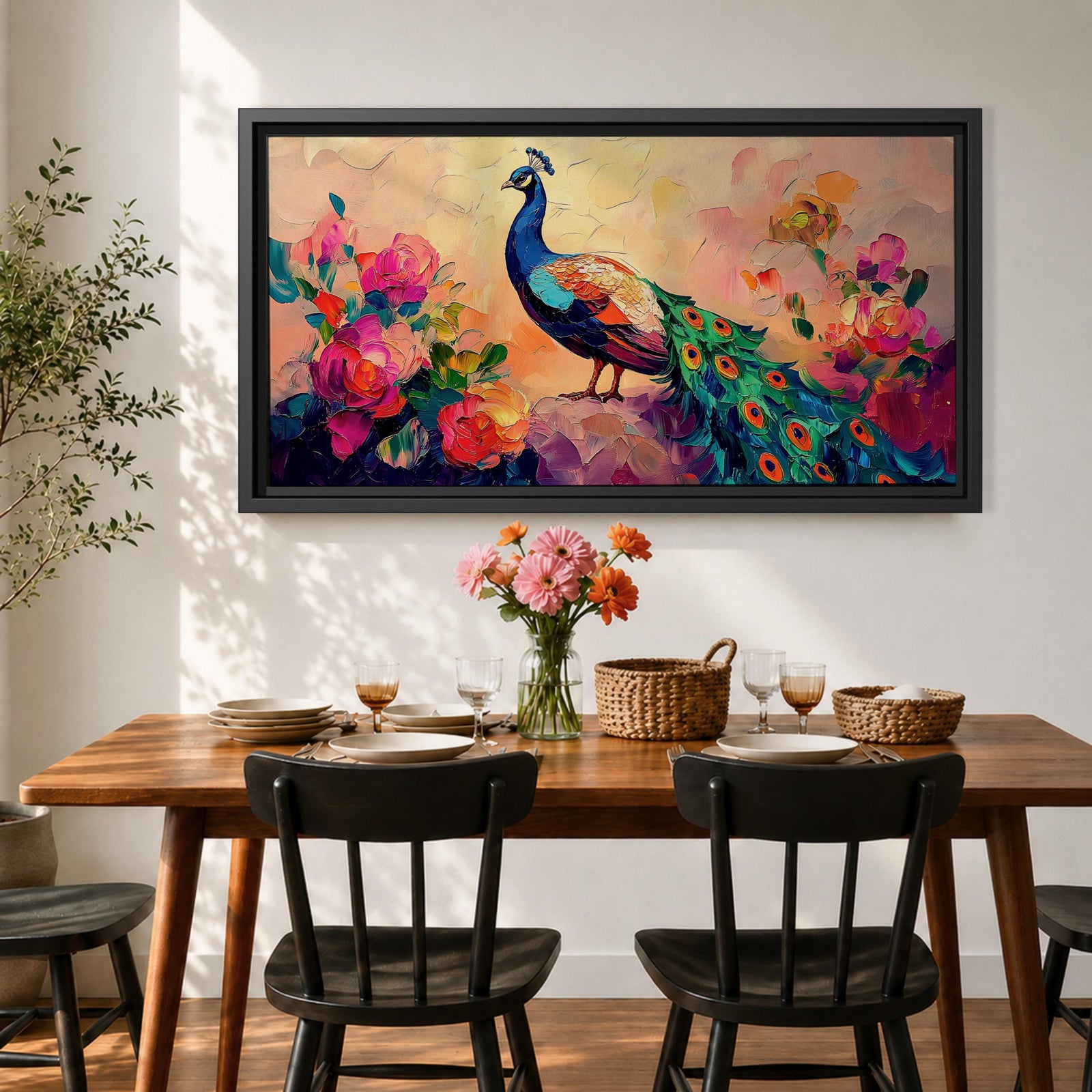 Panoramic painting of a peacock standing among blooming peony flowers with layered petals in pink, coral, and red tones. The bird displays vibrant blue and green plumage with eye patterned tail feathers while soft light and expressive brushstrokes create a lush botanical garden composition.