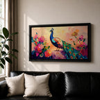 Panoramic painting of a peacock standing among blooming peony flowers with layered petals in pink, coral, and red tones. The bird displays vibrant blue and green plumage with eye patterned tail feathers while soft light and expressive brushstrokes create a lush botanical garden composition.