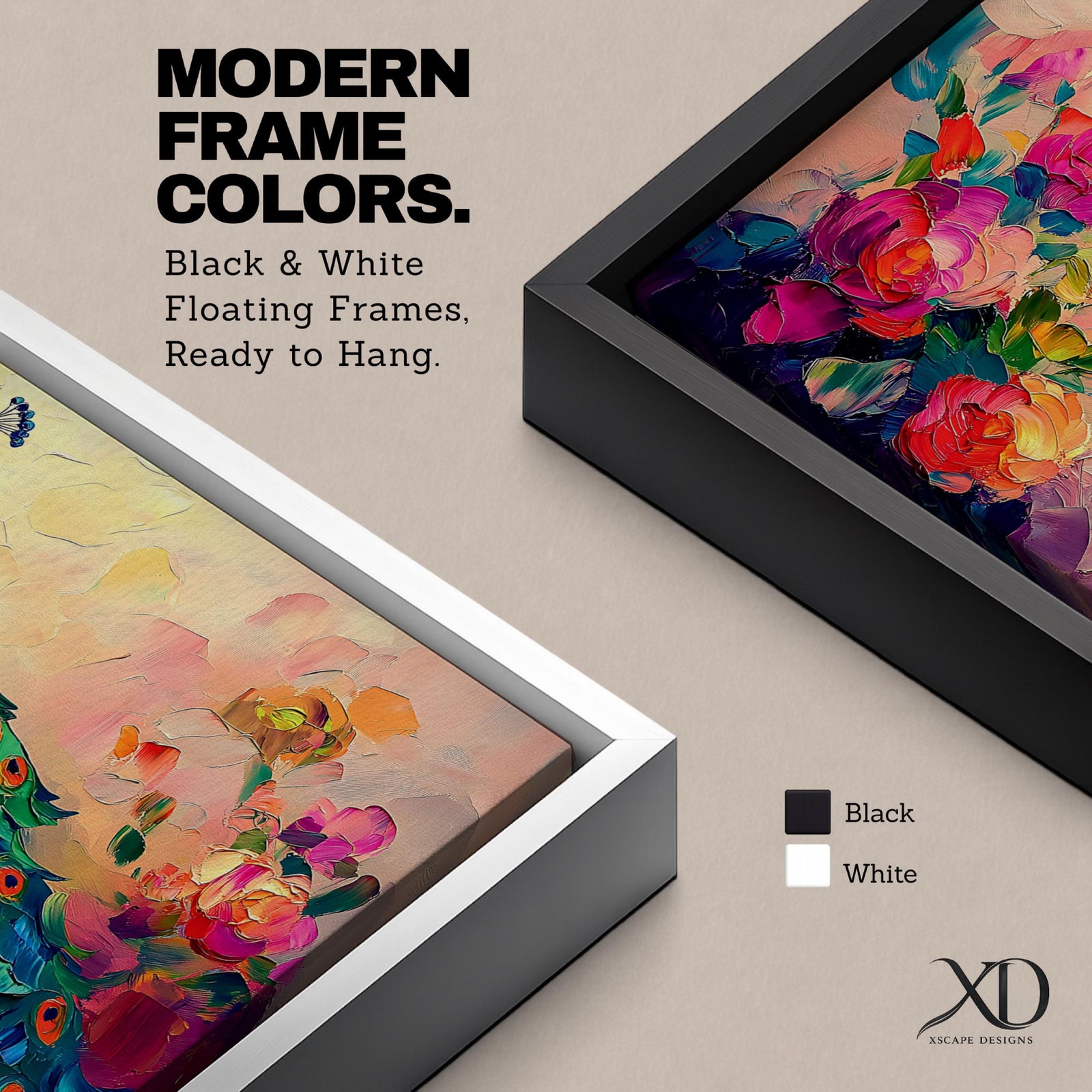 Panoramic painting of a peacock standing among blooming peony flowers with layered petals in pink, coral, and red tones. The bird displays vibrant blue and green plumage with eye patterned tail feathers while soft light and expressive brushstrokes create a lush botanical garden composition.