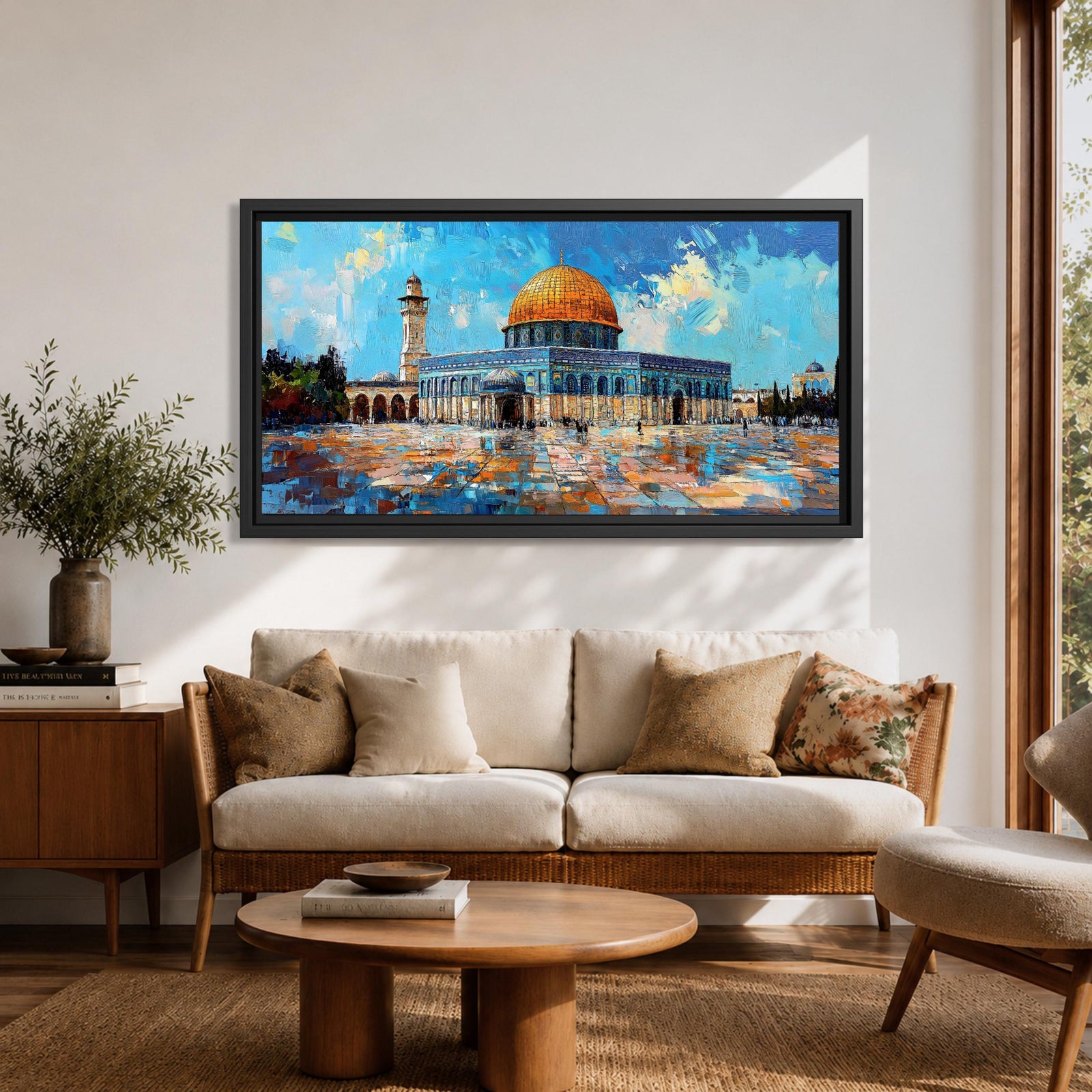 Panoramic painting of the Dome of the Rock mosque in Jerusalem with its golden dome and blue tiled façade reflecting across the courtyard stones. The historic Islamic shrine stands beneath a textured sky with expressive brushstrokes capturing the architecture of the Haram al-Sharif complex.