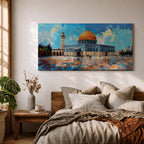 Panoramic painting of the Dome of the Rock mosque in Jerusalem with its golden dome and blue tiled façade reflecting across the courtyard stones. The historic Islamic shrine stands beneath a textured sky with expressive brushstrokes capturing the architecture of the Haram al-Sharif complex.