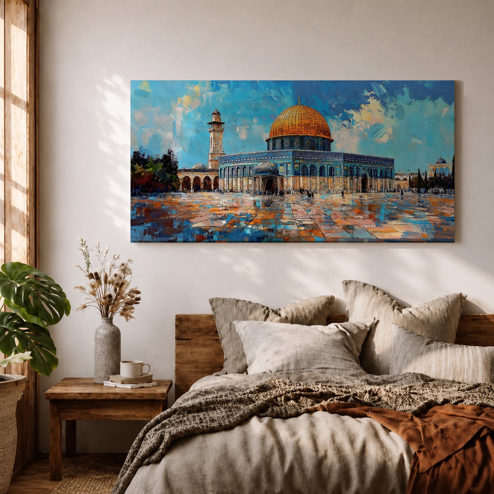 Panoramic painting of the Dome of the Rock mosque in Jerusalem with its golden dome and blue tiled façade reflecting across the courtyard stones. The historic Islamic shrine stands beneath a textured sky with expressive brushstrokes capturing the architecture of the Haram al-Sharif complex.