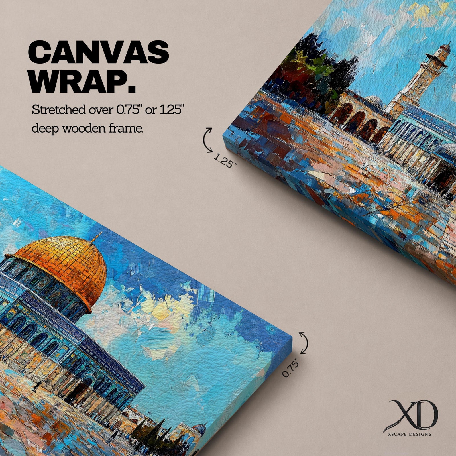 Panoramic painting of the Dome of the Rock mosque in Jerusalem with its golden dome and blue tiled façade reflecting across the courtyard stones. The historic Islamic shrine stands beneath a textured sky with expressive brushstrokes capturing the architecture of the Haram al-Sharif complex.