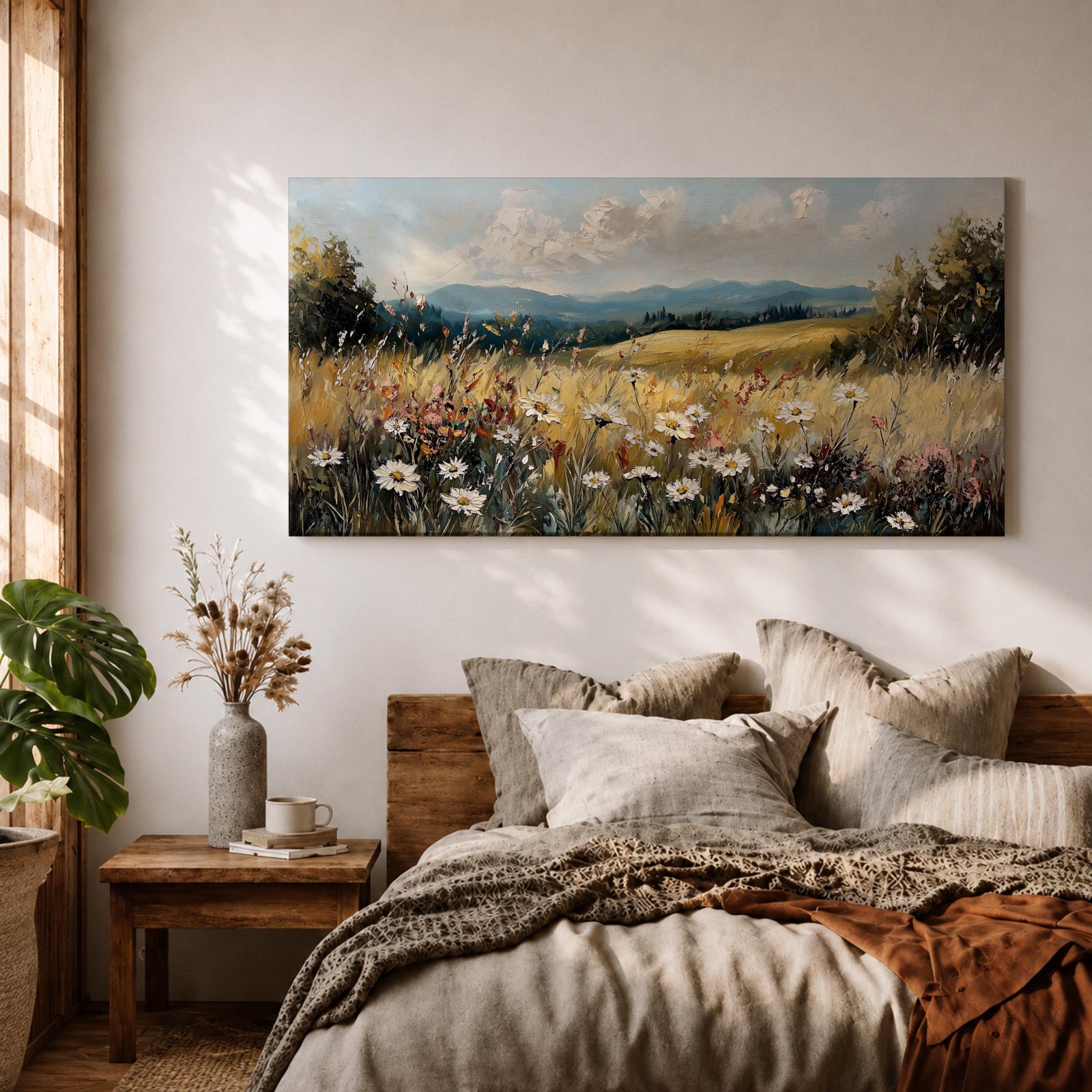 Panoramic painting of a peaceful wildflower meadow filled with blooming daisies and tall grasses across rolling countryside fields. Soft clouds stretch above distant hills while warm golden tones and textured brushstrokes create a calm rural landscape scene.