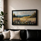 Panoramic painting of a peaceful wildflower meadow filled with blooming daisies and tall grasses across rolling countryside fields. Soft clouds stretch above distant hills while warm golden tones and textured brushstrokes create a calm rural landscape scene.