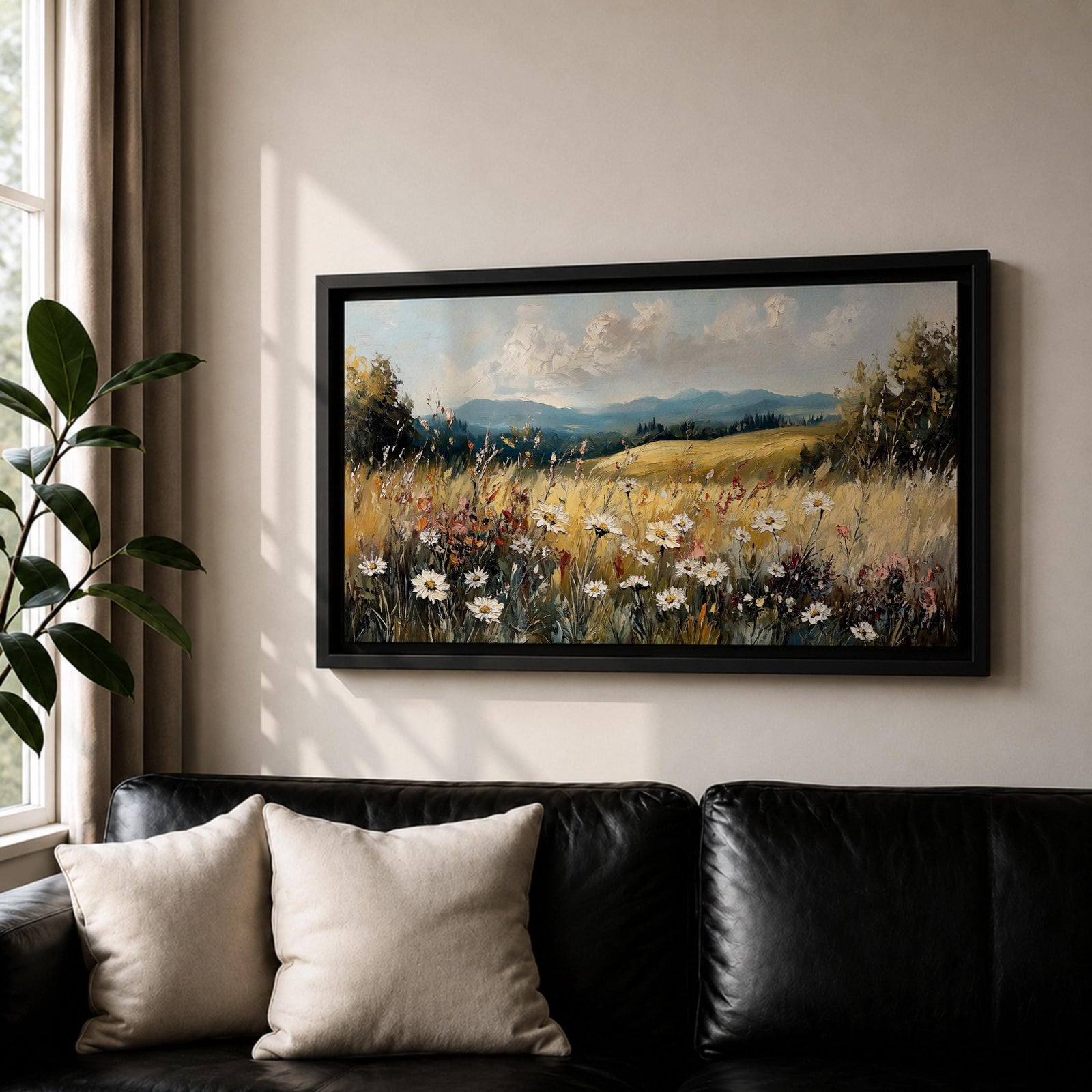 Panoramic painting of a peaceful wildflower meadow filled with blooming daisies and tall grasses across rolling countryside fields. Soft clouds stretch above distant hills while warm golden tones and textured brushstrokes create a calm rural landscape scene.
