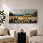 Panoramic painting of a peaceful wildflower meadow filled with blooming daisies and tall grasses across rolling countryside fields. Soft clouds stretch above distant hills while warm golden tones and textured brushstrokes create a calm rural landscape scene.