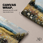 Panoramic painting of a peaceful wildflower meadow filled with blooming daisies and tall grasses across rolling countryside fields. Soft clouds stretch above distant hills while warm golden tones and textured brushstrokes create a calm rural landscape scene.
