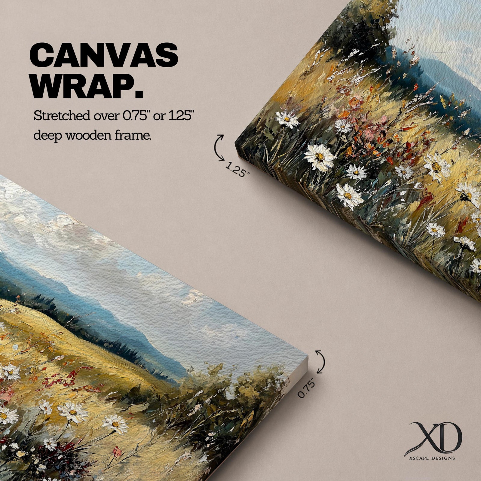 Panoramic painting of a peaceful wildflower meadow filled with blooming daisies and tall grasses across rolling countryside fields. Soft clouds stretch above distant hills while warm golden tones and textured brushstrokes create a calm rural landscape scene.