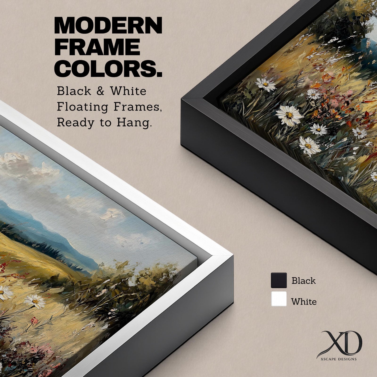 Panoramic painting of a peaceful wildflower meadow filled with blooming daisies and tall grasses across rolling countryside fields. Soft clouds stretch above distant hills while warm golden tones and textured brushstrokes create a calm rural landscape scene.