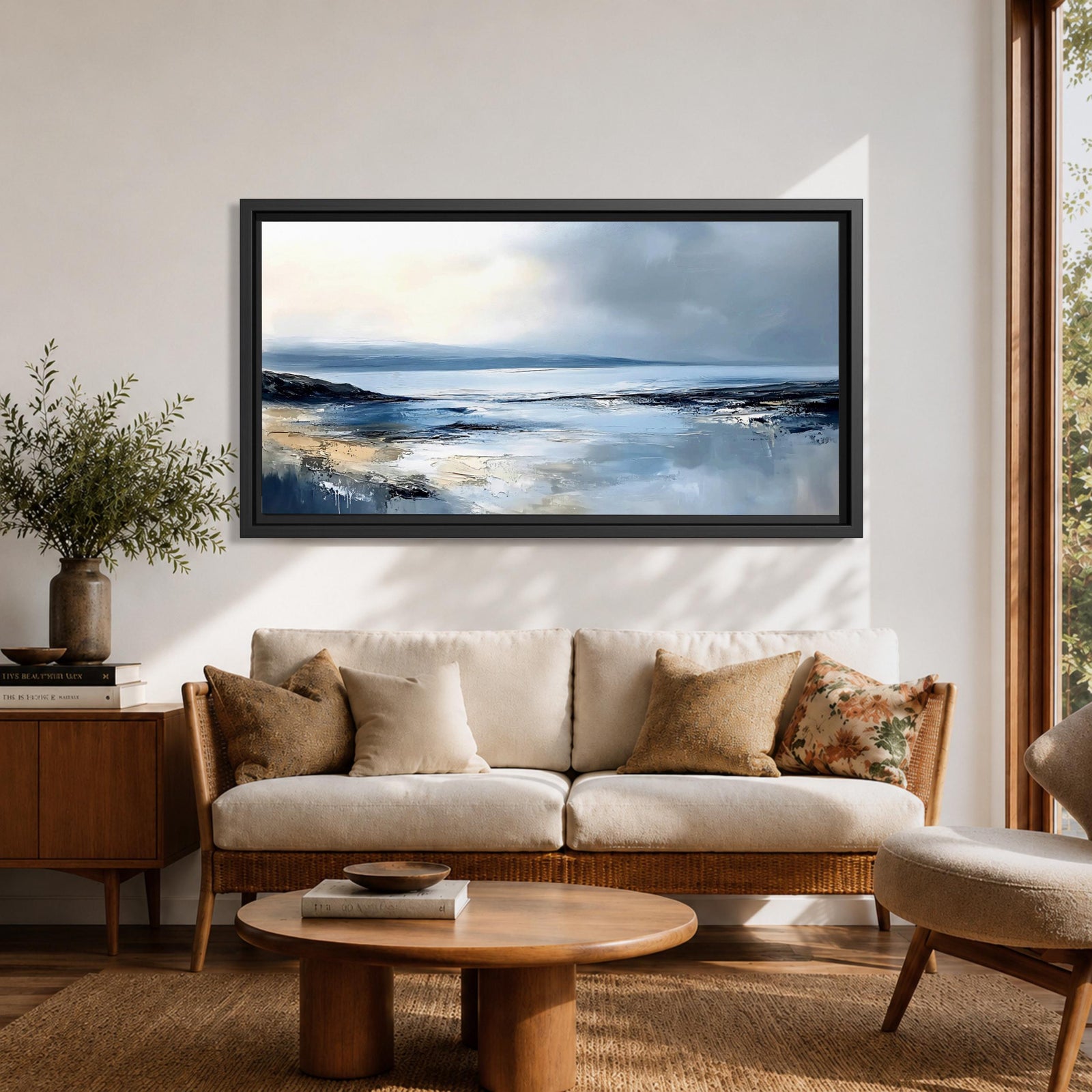 Panoramic abstract coastal seascape painting featuring a calm ocean shoreline with soft blue, gray, and sandy tones reflecting across the water beneath a cloudy horizon.