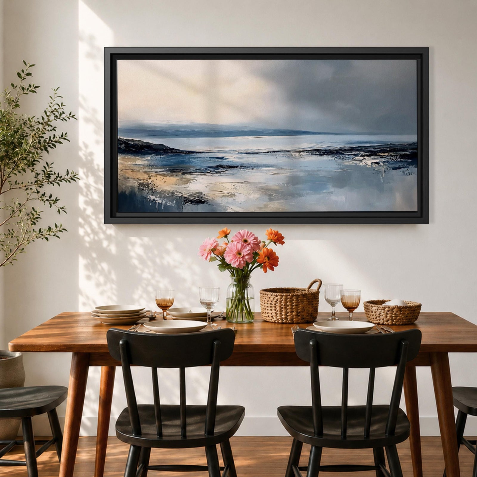 Panoramic abstract coastal seascape painting featuring a calm ocean shoreline with soft blue, gray, and sandy tones reflecting across the water beneath a cloudy horizon.
