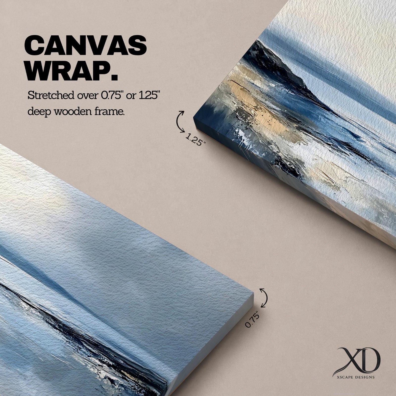 Panoramic abstract coastal seascape painting featuring a calm ocean shoreline with soft blue, gray, and sandy tones reflecting across the water beneath a cloudy horizon.