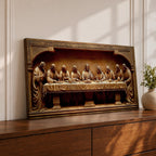 Panoramic relief artwork depicting the Last Supper with Jesus Christ seated at the center surrounded by the twelve apostles at a long table. The carved scene features classical biblical figures gathered in a detailed architectural setting.
