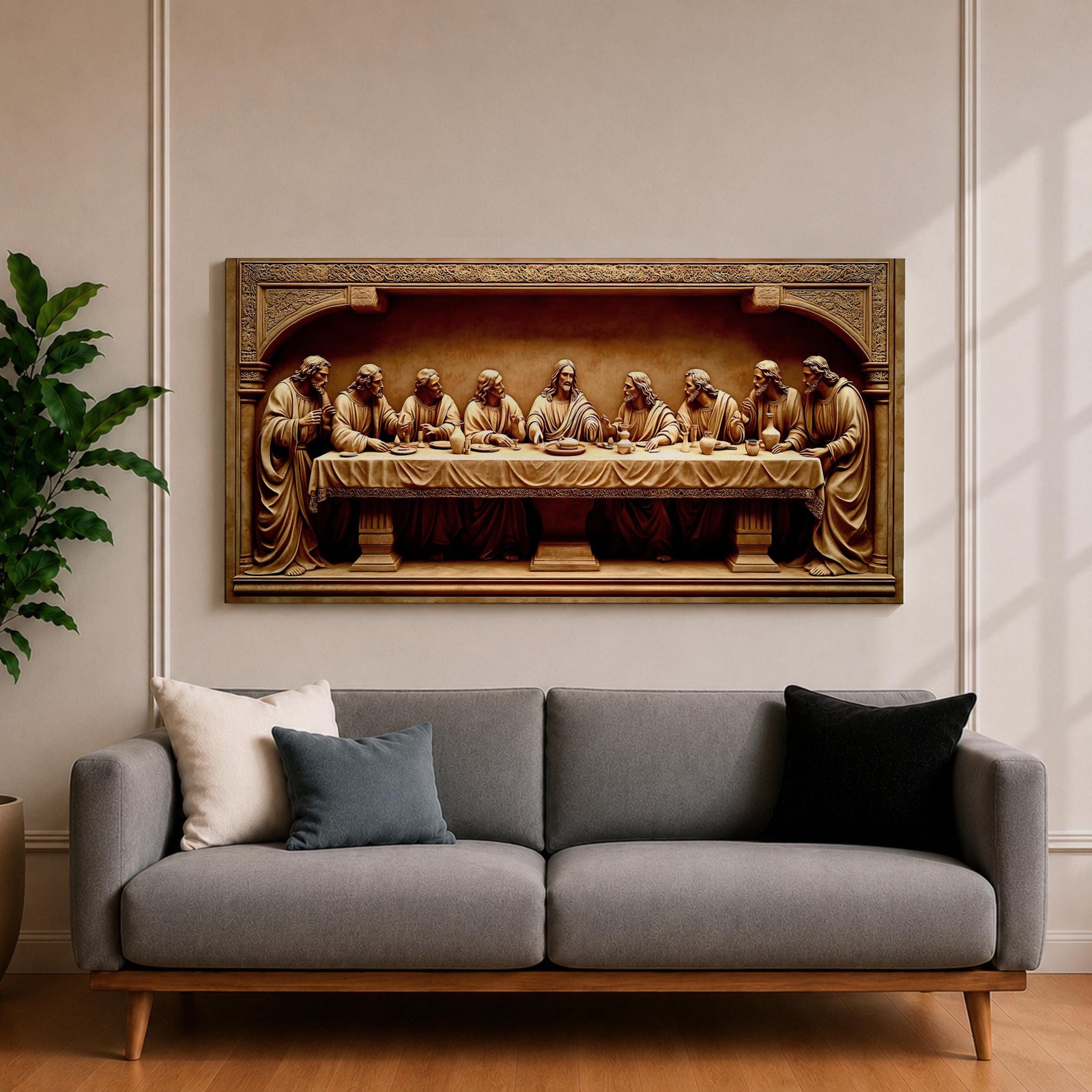 Panoramic relief artwork depicting the Last Supper with Jesus Christ seated at the center surrounded by the twelve apostles at a long table. The carved scene features classical biblical figures gathered in a detailed architectural setting.