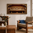 Panoramic relief artwork depicting the Last Supper with Jesus Christ seated at the center surrounded by the twelve apostles at a long table. The carved scene features classical biblical figures gathered in a detailed architectural setting.