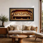 Panoramic relief artwork depicting the Last Supper with Jesus Christ seated at the center surrounded by the twelve apostles at a long table. The carved scene features classical biblical figures gathered in a detailed architectural setting.