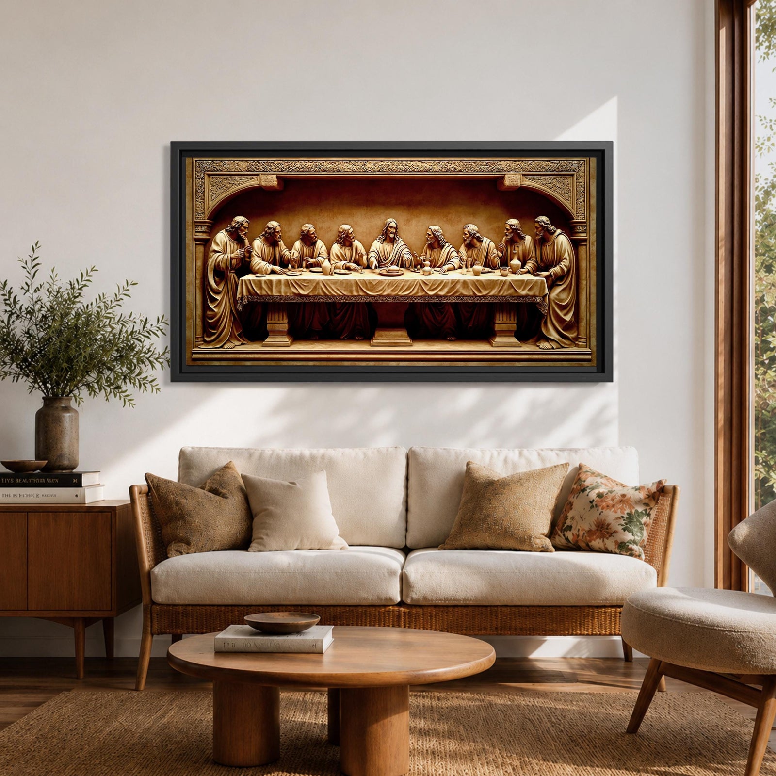 Panoramic relief artwork depicting the Last Supper with Jesus Christ seated at the center surrounded by the twelve apostles at a long table. The carved scene features classical biblical figures gathered in a detailed architectural setting.