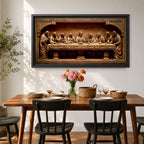 Panoramic relief artwork depicting the Last Supper with Jesus Christ seated at the center surrounded by the twelve apostles at a long table. The carved scene features classical biblical figures gathered in a detailed architectural setting.