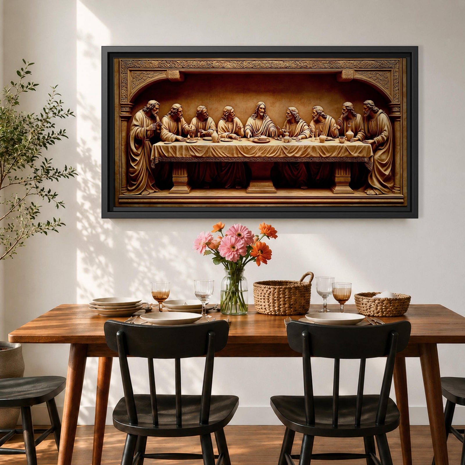 Panoramic relief artwork depicting the Last Supper with Jesus Christ seated at the center surrounded by the twelve apostles at a long table. The carved scene features classical biblical figures gathered in a detailed architectural setting.