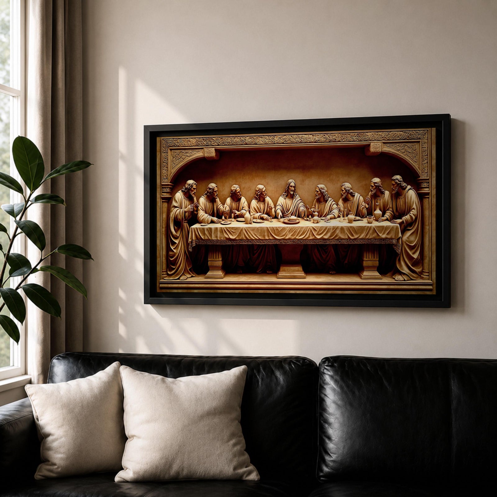Panoramic relief artwork depicting the Last Supper with Jesus Christ seated at the center surrounded by the twelve apostles at a long table. The carved scene features classical biblical figures gathered in a detailed architectural setting.