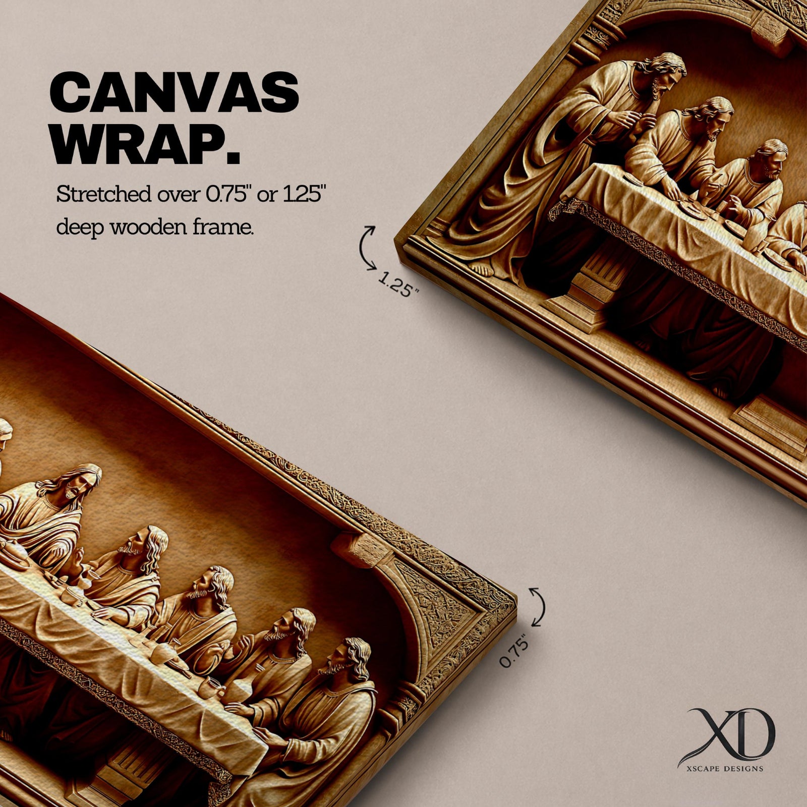 Panoramic relief artwork depicting the Last Supper with Jesus Christ seated at the center surrounded by the twelve apostles at a long table. The carved scene features classical biblical figures gathered in a detailed architectural setting.