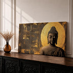 Panoramic artwork of a serene Buddha statue with closed eyes and peaceful expression positioned before a glowing golden circular halo on a textured abstract background.