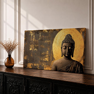 Panoramic artwork of a serene Buddha statue with closed eyes and peaceful expression positioned before a glowing golden circular halo on a textured abstract background.