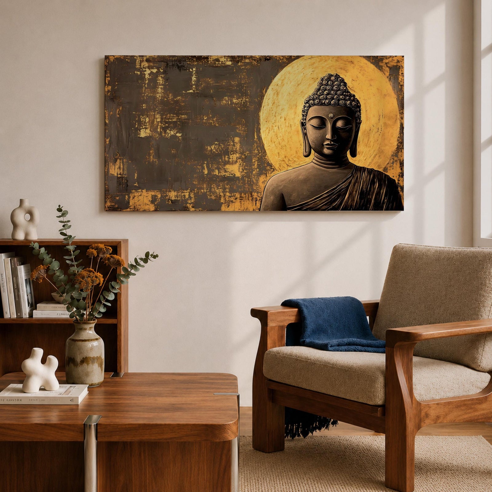 Panoramic artwork of a serene Buddha statue with closed eyes and peaceful expression positioned before a glowing golden circular halo on a textured abstract background.