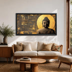Panoramic artwork of a serene Buddha statue with closed eyes and peaceful expression positioned before a glowing golden circular halo on a textured abstract background.