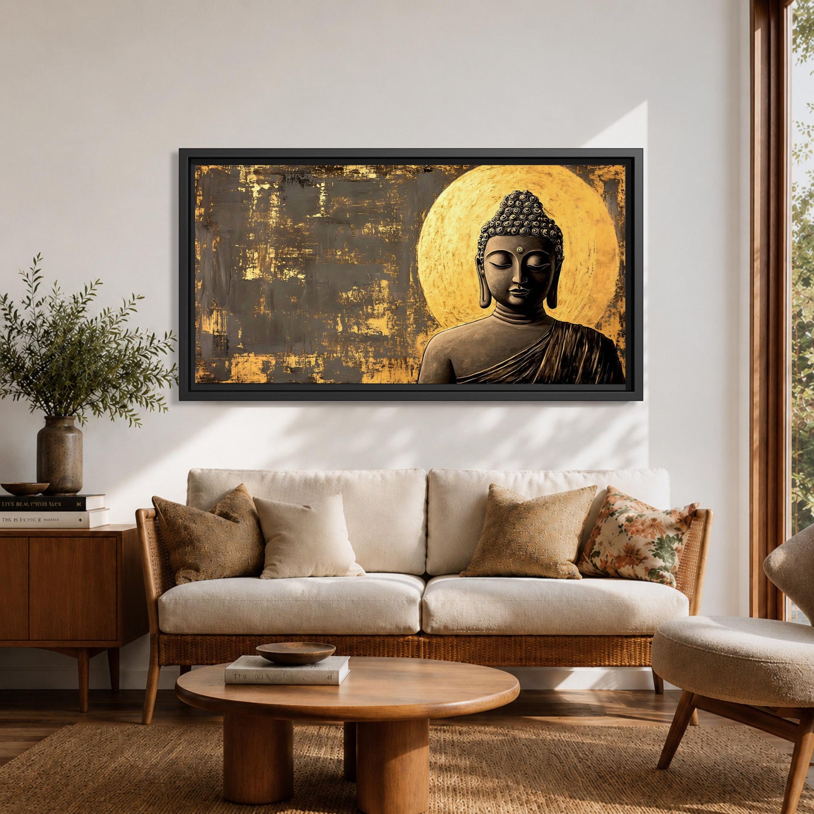 Panoramic artwork of a serene Buddha statue with closed eyes and peaceful expression positioned before a glowing golden circular halo on a textured abstract background.