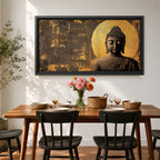Panoramic artwork of a serene Buddha statue with closed eyes and peaceful expression positioned before a glowing golden circular halo on a textured abstract background.
