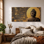 Panoramic artwork of a serene Buddha statue with closed eyes and peaceful expression positioned before a glowing golden circular halo on a textured abstract background.