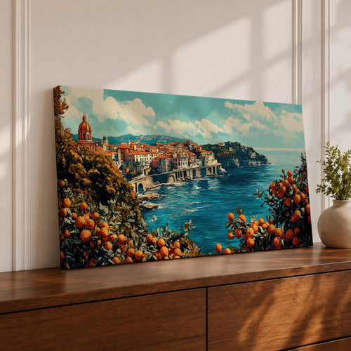 Panoramic painting of the Amalfi Coast overlooking the Mediterranean Sea with colorful Italian hillside buildings and citrus trees filled with ripe oranges in the foreground.