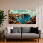 Panoramic painting of the Amalfi Coast overlooking the Mediterranean Sea with colorful Italian hillside buildings and citrus trees filled with ripe oranges in the foreground.