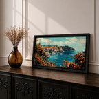 Panoramic painting of the Amalfi Coast overlooking the Mediterranean Sea with colorful Italian hillside buildings and citrus trees filled with ripe oranges in the foreground.