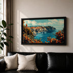 Panoramic painting of the Amalfi Coast overlooking the Mediterranean Sea with colorful Italian hillside buildings and citrus trees filled with ripe oranges in the foreground.
