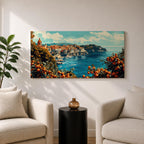 Panoramic painting of the Amalfi Coast overlooking the Mediterranean Sea with colorful Italian hillside buildings and citrus trees filled with ripe oranges in the foreground.