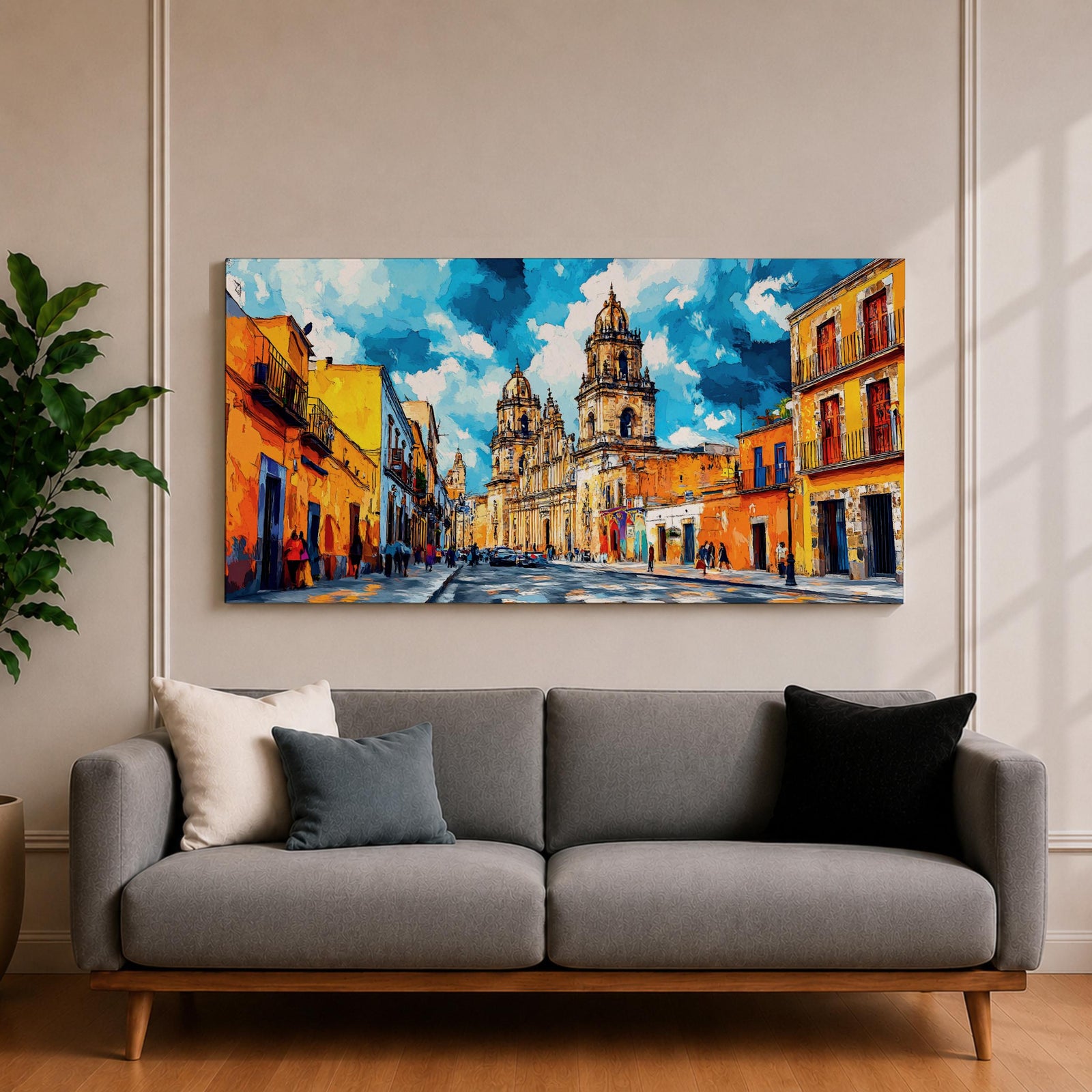 Panoramic painting of Oaxaca cathedral rising above a colorful colonial street lined with bright orange and yellow buildings. The historic Mexican architecture features twin cathedral towers beneath a dramatic blue sky with expressive painterly brushstrokes.