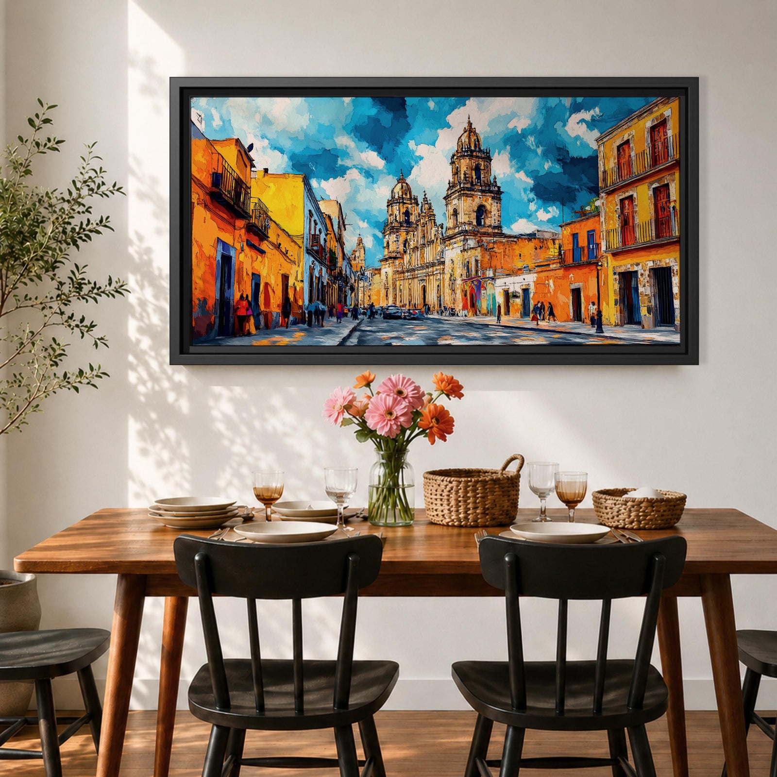 Panoramic painting of Oaxaca cathedral rising above a colorful colonial street lined with bright orange and yellow buildings. The historic Mexican architecture features twin cathedral towers beneath a dramatic blue sky with expressive painterly brushstrokes.