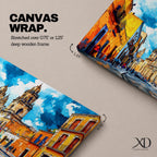 Panoramic painting of Oaxaca cathedral rising above a colorful colonial street lined with bright orange and yellow buildings. The historic Mexican architecture features twin cathedral towers beneath a dramatic blue sky with expressive painterly brushstrokes.