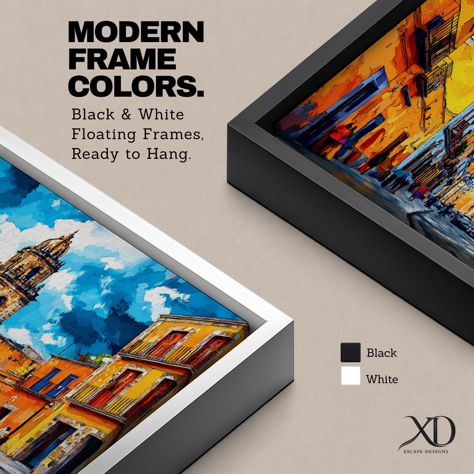 Panoramic painting of Oaxaca cathedral rising above a colorful colonial street lined with bright orange and yellow buildings. The historic Mexican architecture features twin cathedral towers beneath a dramatic blue sky with expressive painterly brushstrokes.