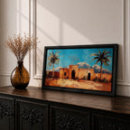 Panoramic painting of a Moroccan kasbah surrounded by palm trees in a desert oasis with the Atlas Mountains rising in the distance. The warm earthen architecture contrasts with a bright blue sky and textured brushstrokes capturing North African landscape scenery.