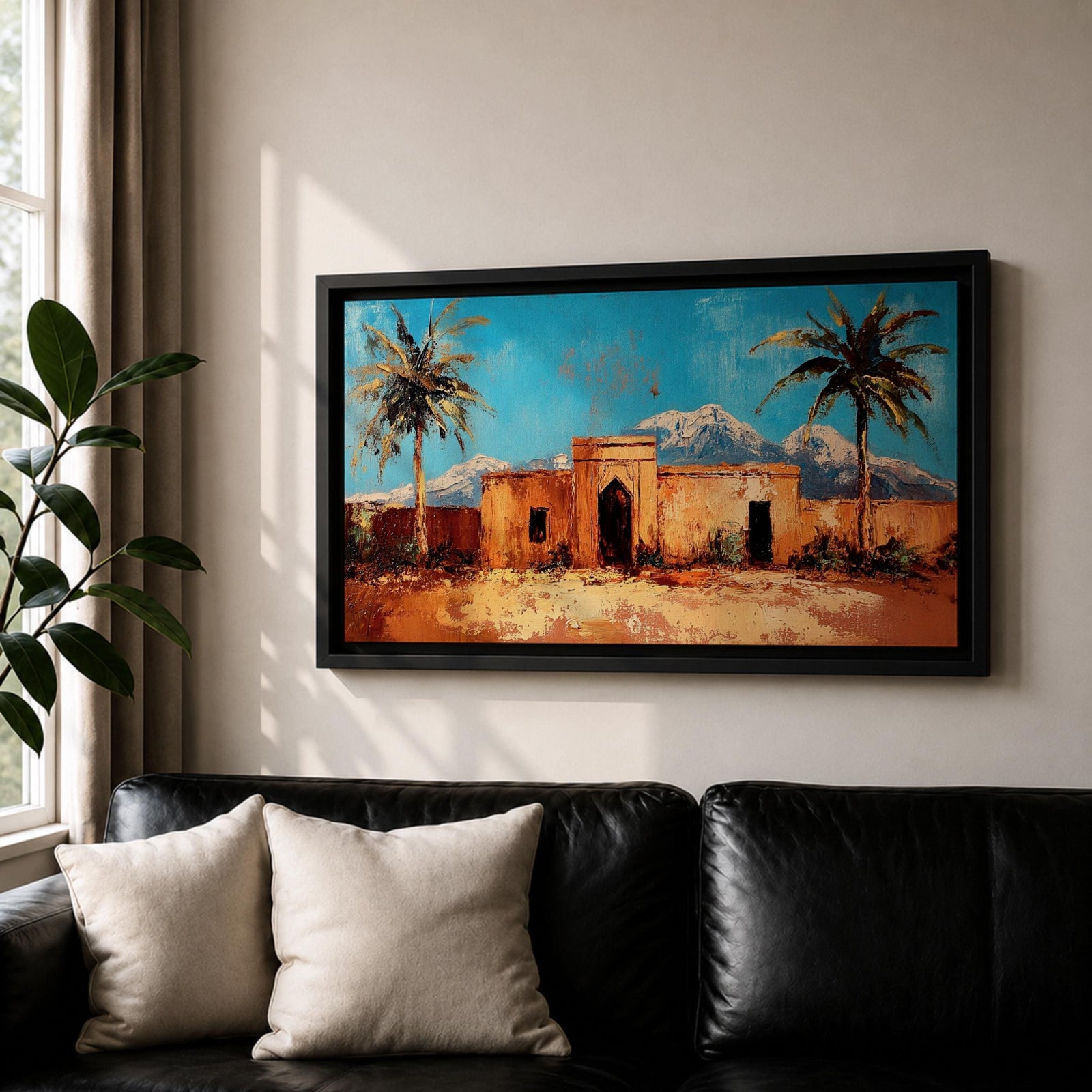 Panoramic painting of a Moroccan kasbah surrounded by palm trees in a desert oasis with the Atlas Mountains rising in the distance. The warm earthen architecture contrasts with a bright blue sky and textured brushstrokes capturing North African landscape scenery.