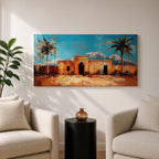Panoramic painting of a Moroccan kasbah surrounded by palm trees in a desert oasis with the Atlas Mountains rising in the distance. The warm earthen architecture contrasts with a bright blue sky and textured brushstrokes capturing North African landscape scenery.