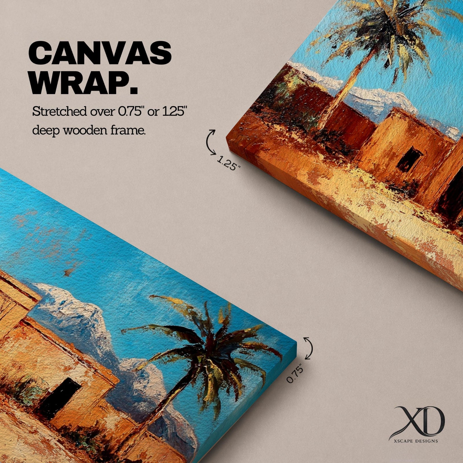 Panoramic painting of a Moroccan kasbah surrounded by palm trees in a desert oasis with the Atlas Mountains rising in the distance. The warm earthen architecture contrasts with a bright blue sky and textured brushstrokes capturing North African landscape scenery.