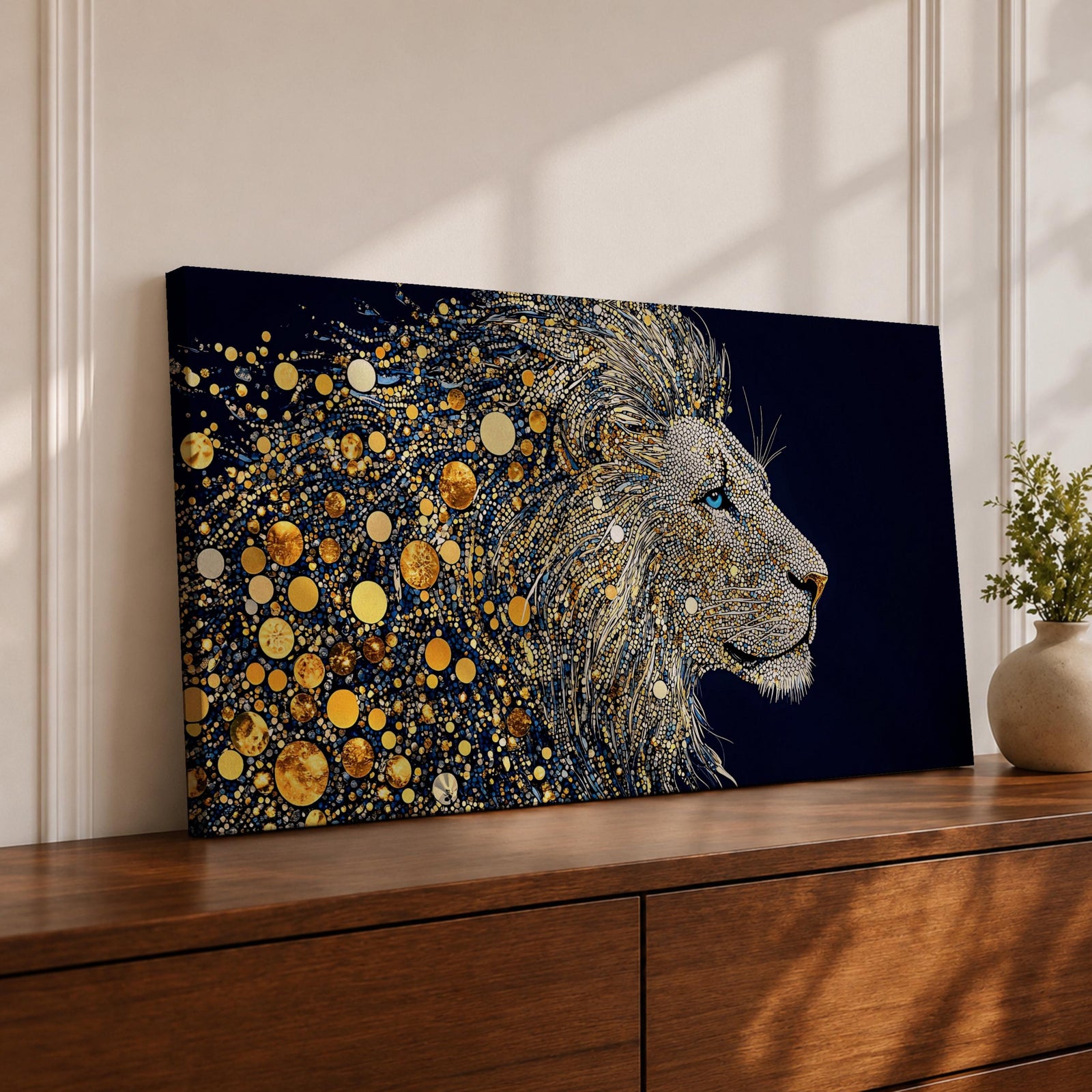 Panoramic artwork of a majestic lion profile formed with shimmering gold circular elements on a deep navy background, creating a striking abstract wildlife portrait.