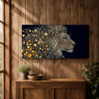 Panoramic artwork of a majestic lion profile formed with shimmering gold circular elements on a deep navy background, creating a striking abstract wildlife portrait.