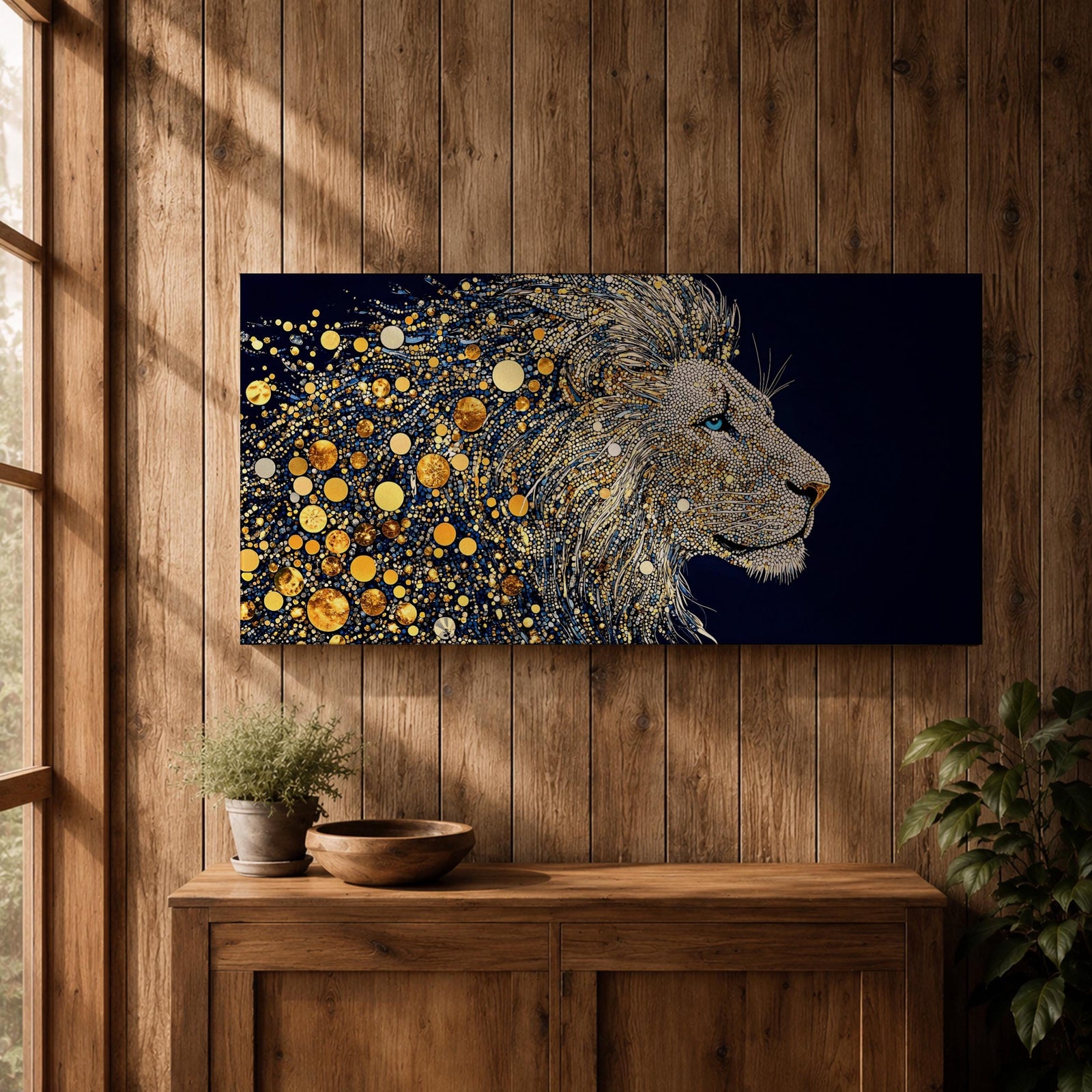 Panoramic artwork of a majestic lion profile formed with shimmering gold circular elements on a deep navy background, creating a striking abstract wildlife portrait.